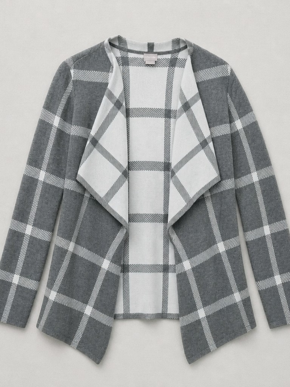 Chicos Gray Plaid Draped Open-Front Sweater Cardigan